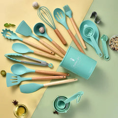 Wooden Handle Silicone Kitchenware Set with Storage Bucket