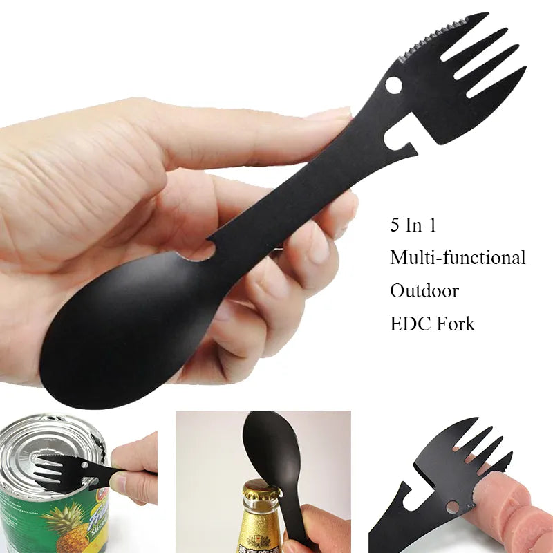 Outdoor Survival 5 in 1 Camping Multi-functional EDC Tool Practical Fork Knife Spoon Bottle/Can Opener