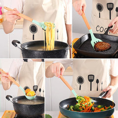 Wooden Handle Silicone Kitchenware Set with Storage Bucket