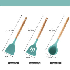 Wooden Handle Silicone Kitchenware Set with Storage Bucket