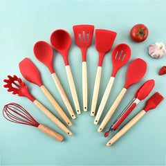 Wooden Handle Silicone Kitchenware Set with Storage Bucket